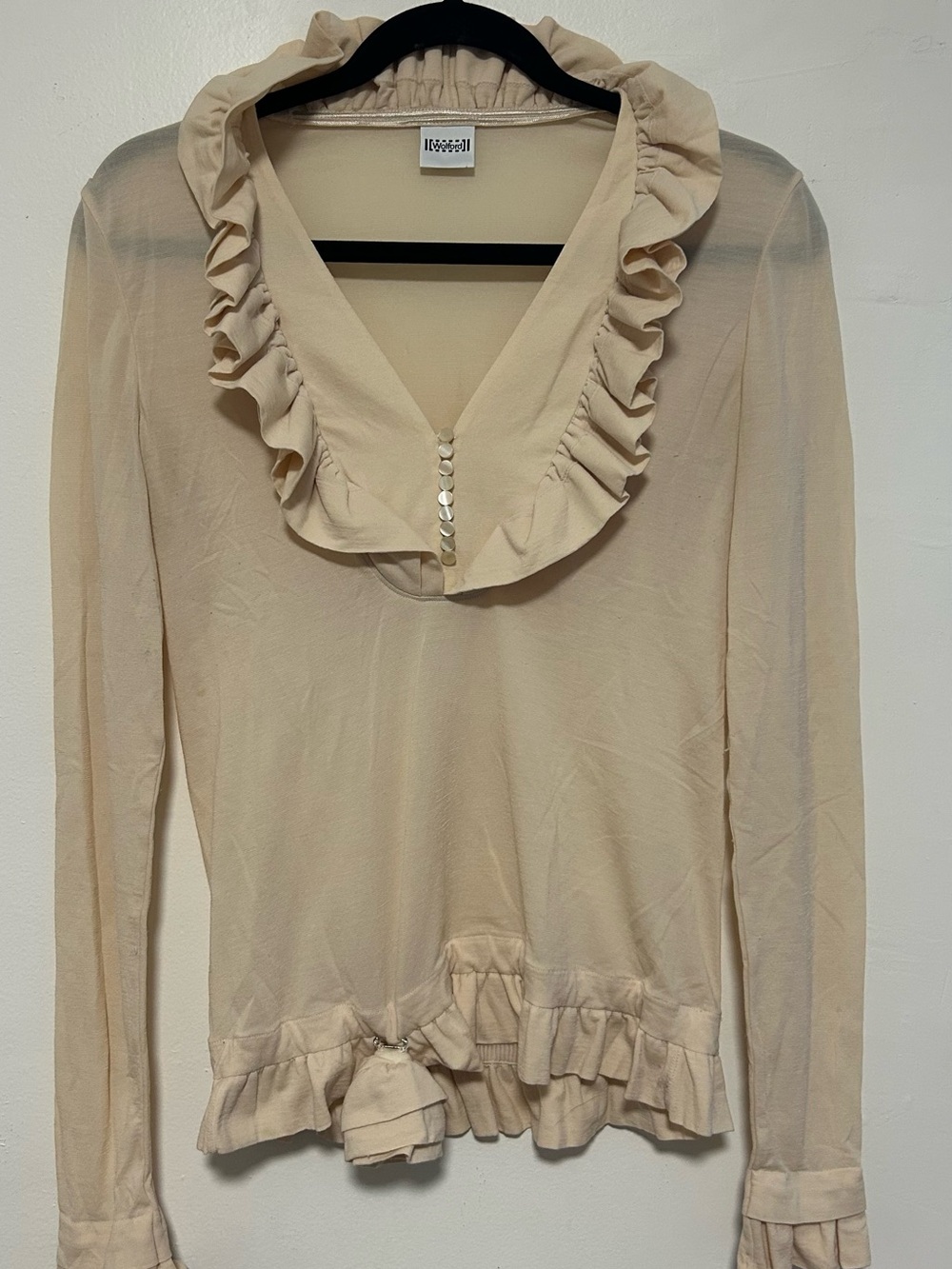 WOLFORD Ruffled V-Neck Long Sleeve Top in Light Beige
